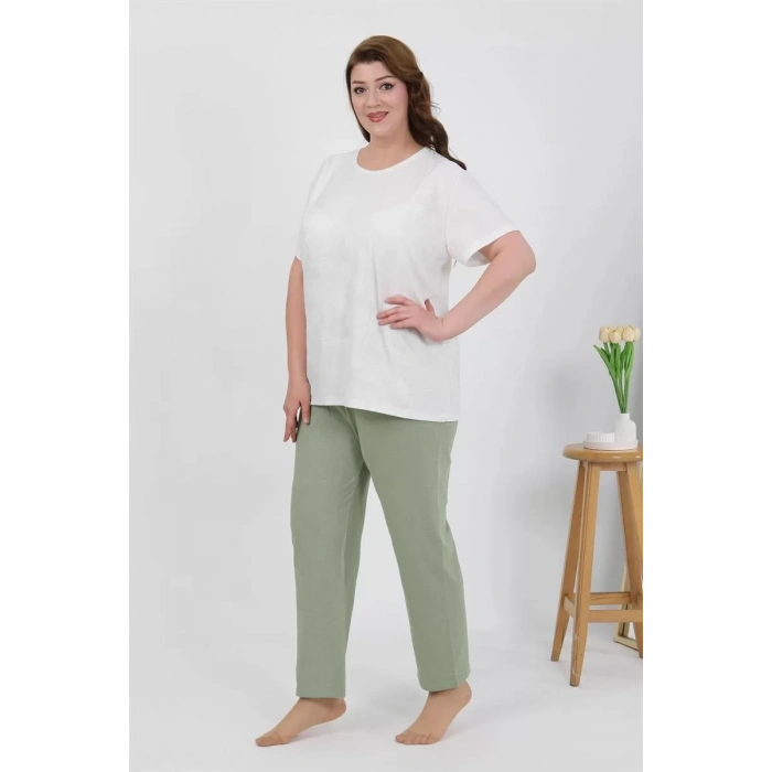 Moda Kadın Büyük Beden Kısa Kol Penye Pijama Takımı Beyaz