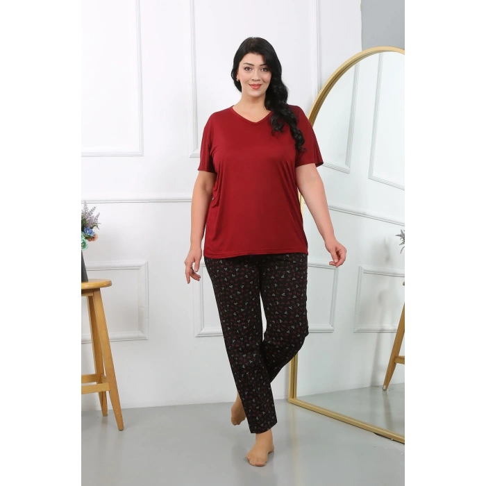 Moda Kadın Büyük Beden Kısa Kol Penye Pijama Takımı Bordo