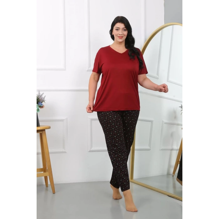 Moda Kadın Büyük Beden Kısa Kol Penye Pijama Takımı Bordo
