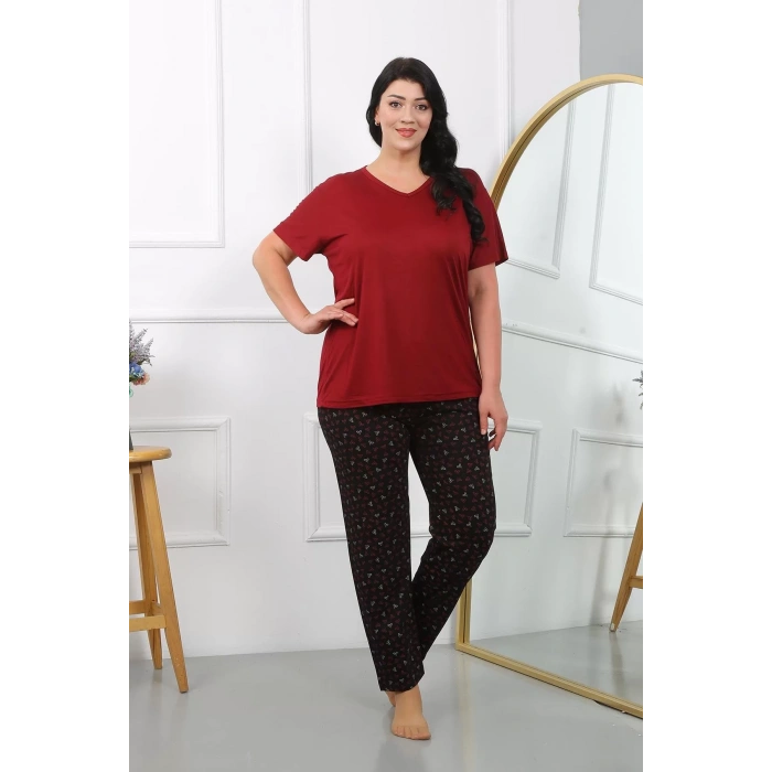 Moda Kadın Büyük Beden Kısa Kol Penye Pijama Takımı Bordo