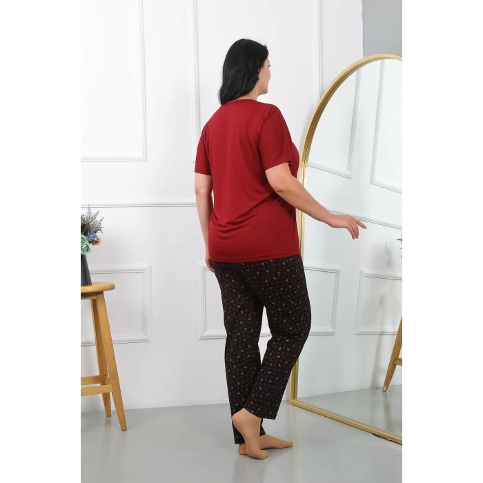 Moda Kadın Büyük Beden Kısa Kol Penye Pijama Takımı Bordo