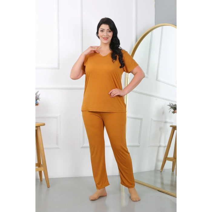 Moda Kadın Büyük Beden Kısa Kol Penye Pijama Takımı Hardal