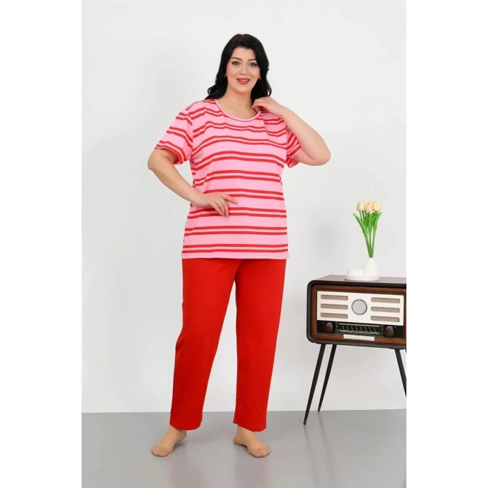 Moda Kadın Büyük Beden Kısa Kol Penye Pijama Takımı Kırmızı