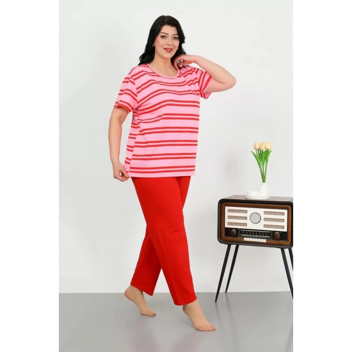 Moda Kadın Büyük Beden Kısa Kol Penye Pijama Takımı Kırmızı