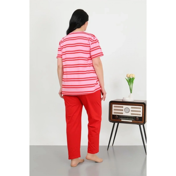 Moda Kadın Büyük Beden Kısa Kol Penye Pijama Takımı Kırmızı