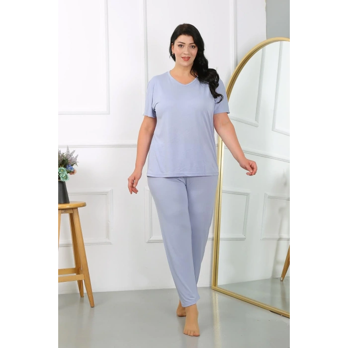 Moda Kadın Büyük Beden Kısa Kol Penye Pijama Takımı Lila