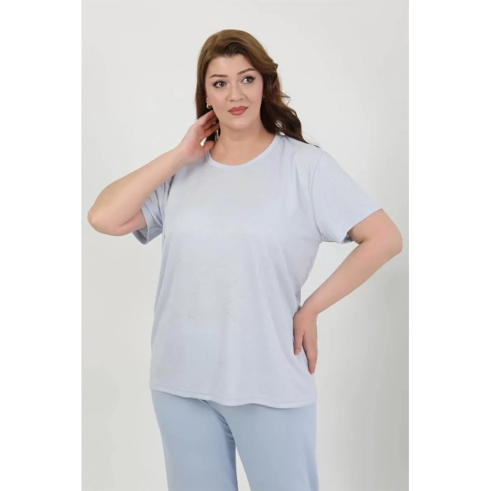 Moda Kadın Büyük Beden Kısa Kol Penye Pijama Takımı Mavi