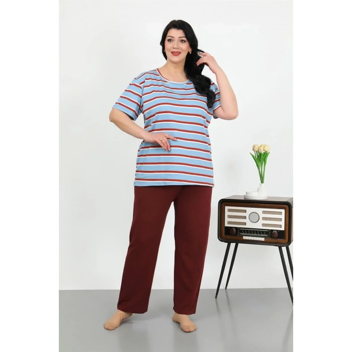 Moda Kadın Büyük Beden Kısa Kol Penye Pijama Takımı Mavi