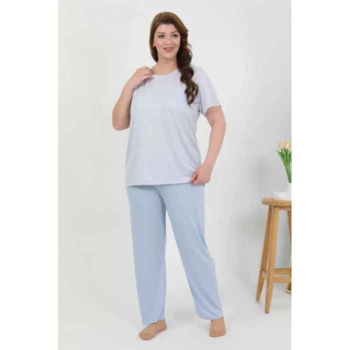 Moda Kadın Büyük Beden Kısa Kol Penye Pijama Takımı Mavi