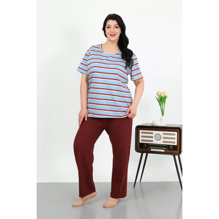 Moda Kadın Büyük Beden Kısa Kol Penye Pijama Takımı Mavi