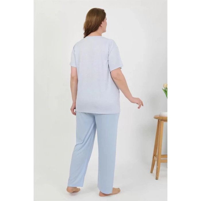 Moda Kadın Büyük Beden Kısa Kol Penye Pijama Takımı Mavi