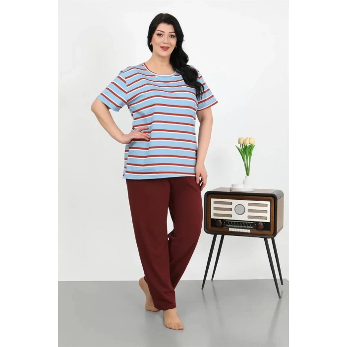 Moda Kadın Büyük Beden Kısa Kol Penye Pijama Takımı Mavi