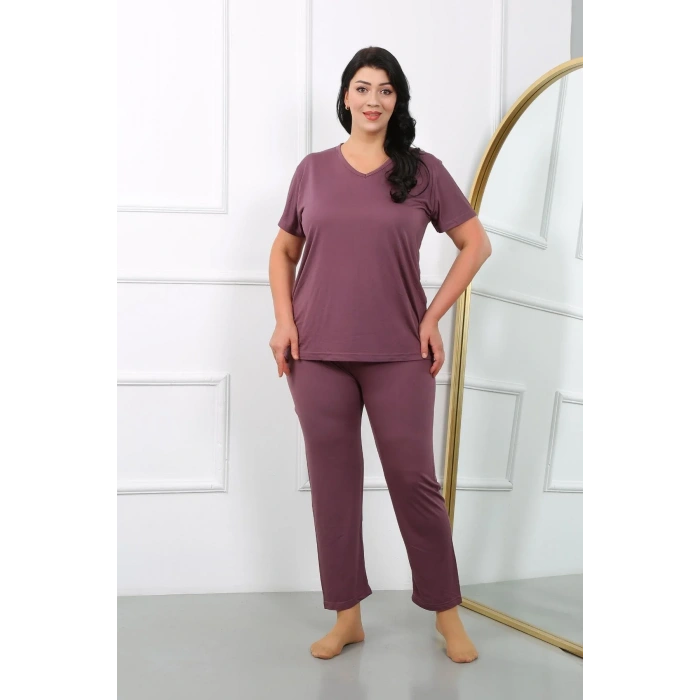 Moda Kadın Büyük Beden Kısa Kol Penye Pijama Takımı Mürdüm