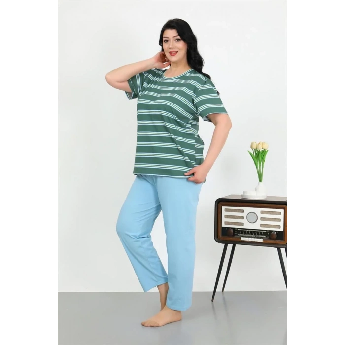 Moda Kadın Büyük Beden Kısa Kol Penye Pijama Takımı Petrol