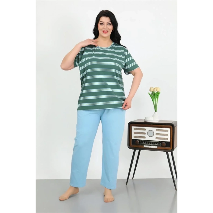 Moda Kadın Büyük Beden Kısa Kol Penye Pijama Takımı Petrol