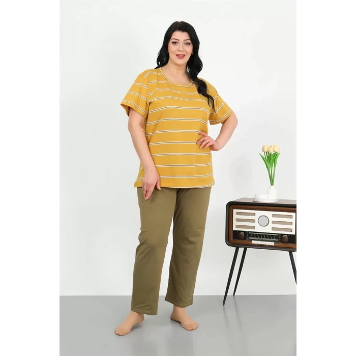 Moda Kadın Büyük Beden Kısa Kol Penye Pijama Takımı Sarı