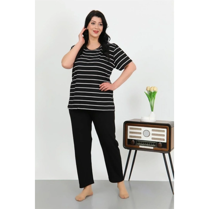 Moda Kadın Büyük Beden Kısa Kol Penye Pijama Takımı Siyah