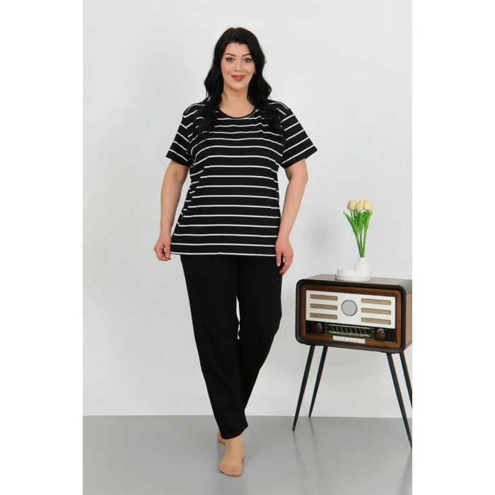 Moda Kadın Büyük Beden Kısa Kol Penye Pijama Takımı Siyah