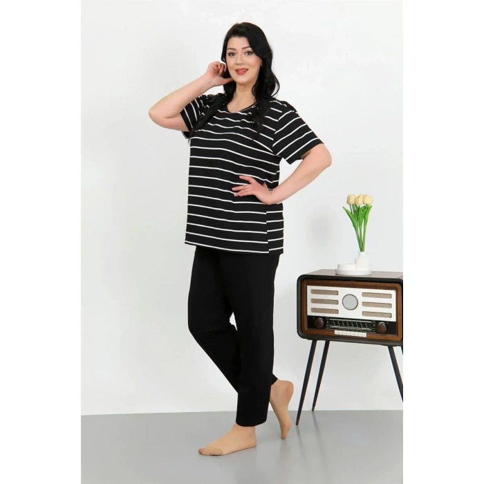 Moda Kadın Büyük Beden Kısa Kol Penye Pijama Takımı Siyah