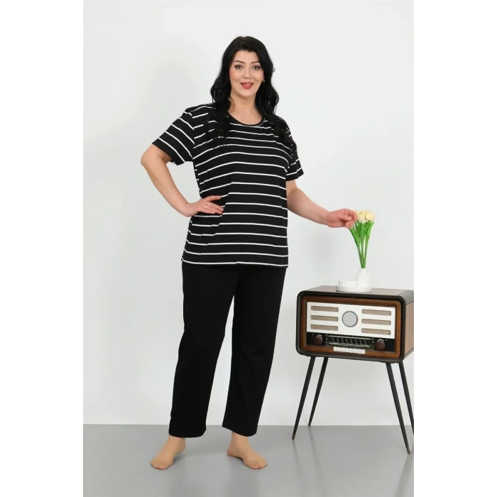 Moda Kadın Büyük Beden Kısa Kol Penye Pijama Takımı Siyah