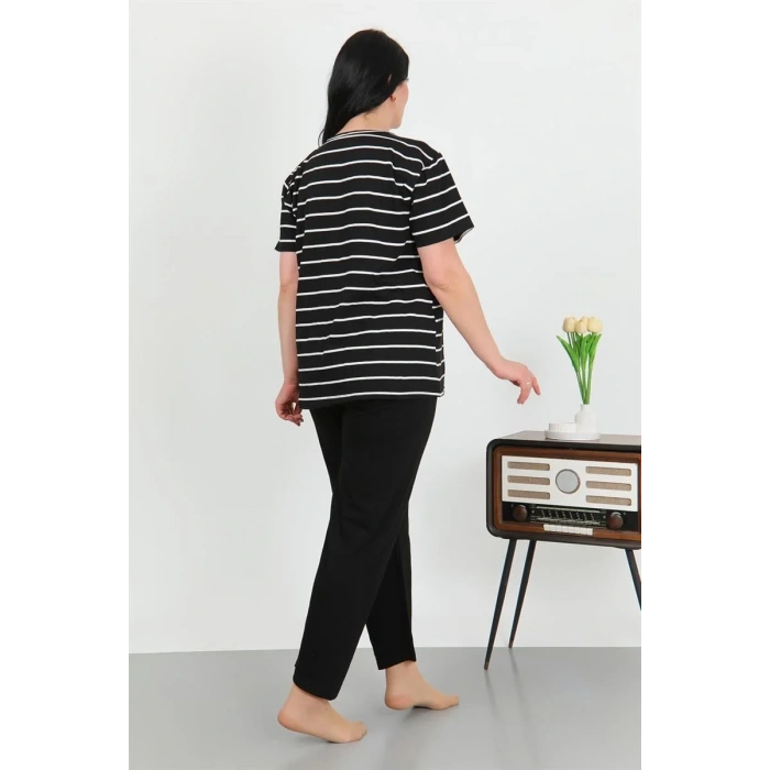 Moda Kadın Büyük Beden Kısa Kol Penye Pijama Takımı Siyah