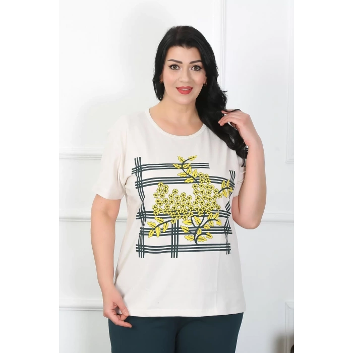 Moda Kadın Büyük Beden Krem Pijama Takımı