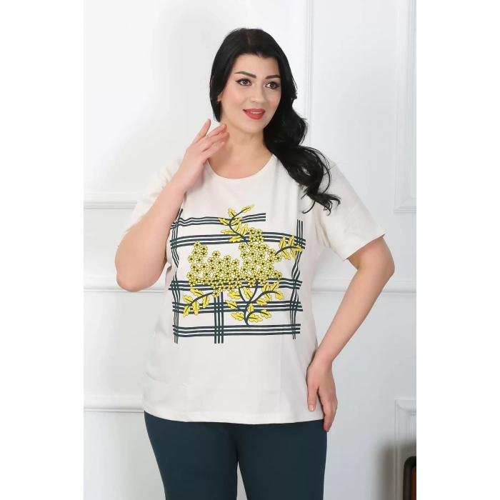 Moda Kadın Büyük Beden Krem Pijama Takımı