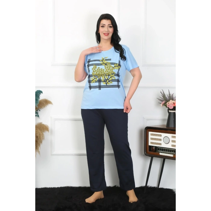 Moda Kadın Büyük Beden Mavi Pijama Takımı