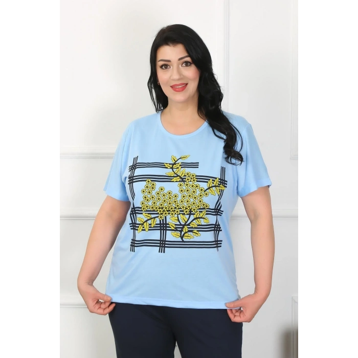 Moda Kadın Büyük Beden Mavi Pijama Takımı