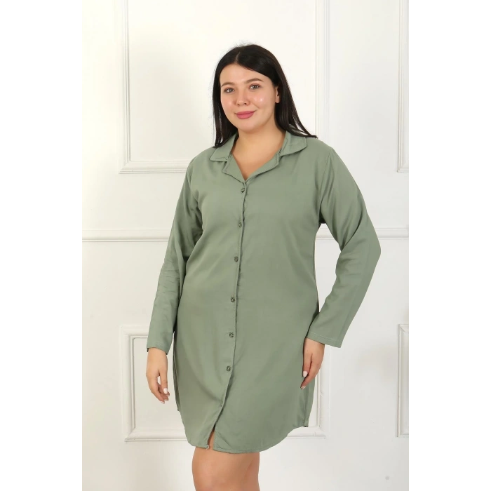 Moda Kadın Büyük Beden Pamuk Düğmeli Uzun Kol Tunik Gecelik