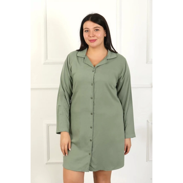 Moda Kadın Büyük Beden Pamuk Düğmeli Uzun Kol Tunik Gecelik