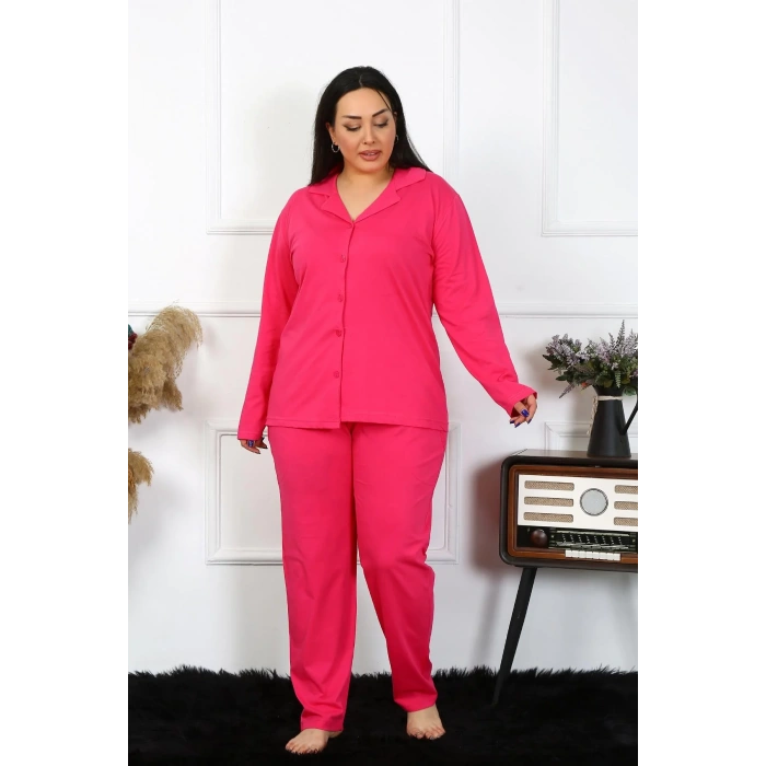 Moda Kadın Büyük Beden Pamuklu Cepli Düğmeli Fuşya Pijama Takım