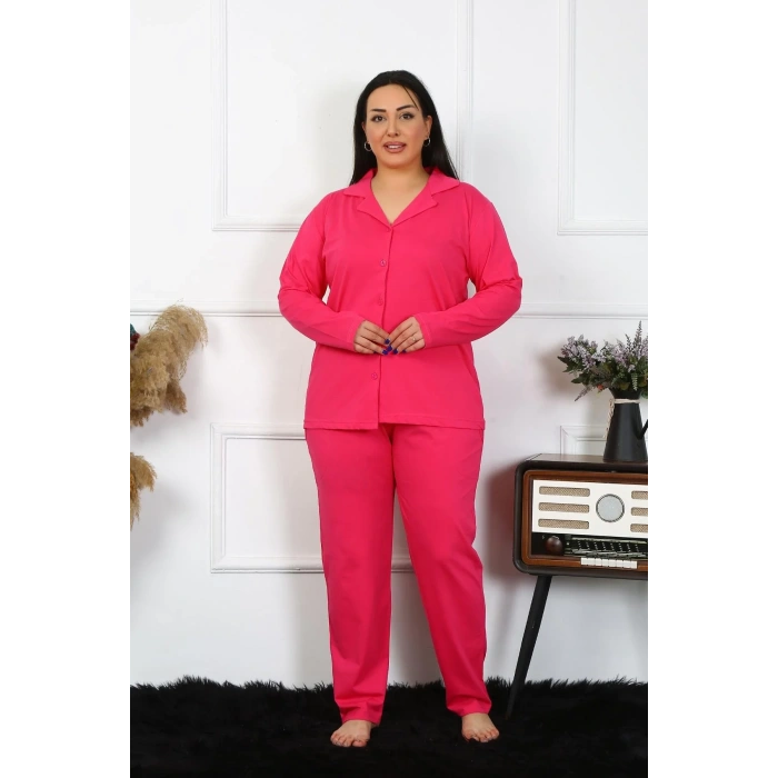 Moda Kadın Büyük Beden Pamuklu Cepli Düğmeli Fuşya Pijama Takım