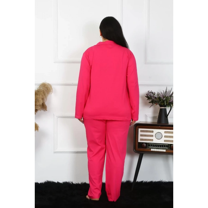 Moda Kadın Büyük Beden Pamuklu Cepli Düğmeli Fuşya Pijama Takım