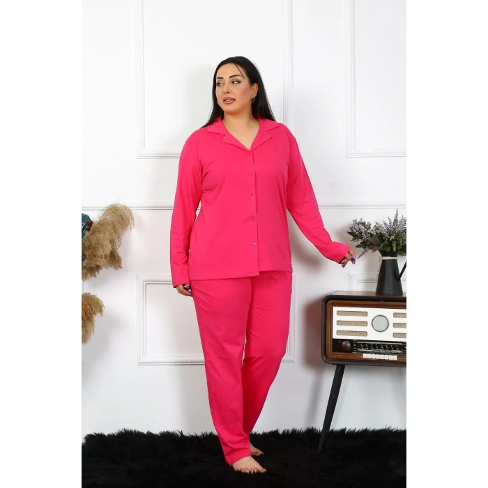 Moda Kadın Büyük Beden Pamuklu Cepli Düğmeli Fuşya Pijama Takım
