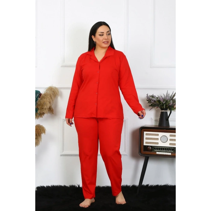 Moda Kadın Büyük Beden Pamuklu Cepli Düğmeli Kırmızı Pijama Takım