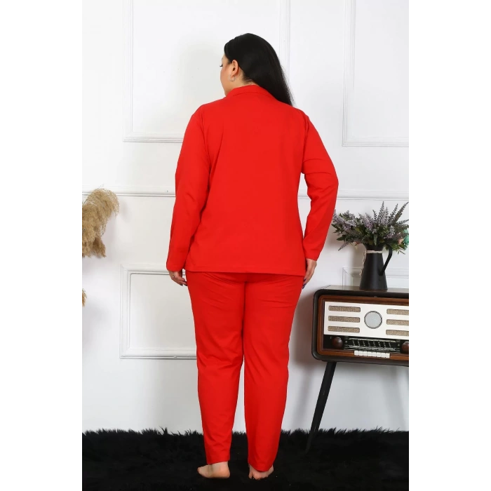 Moda Kadın Büyük Beden Pamuklu Cepli Düğmeli Kırmızı Pijama Takım