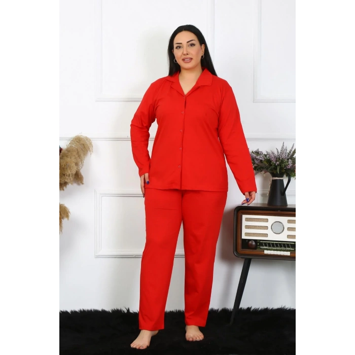 Moda Kadın Büyük Beden Pamuklu Cepli Düğmeli Kırmızı Pijama Takım