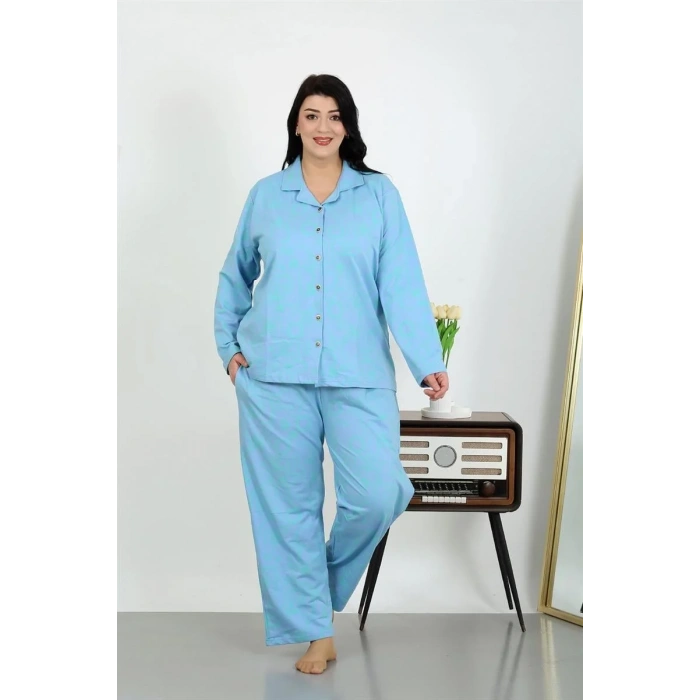 Moda Kadın Büyük Beden Pamuklu Cepli Düğmeli Mavi Pijama Takım