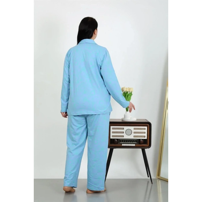 Moda Kadın Büyük Beden Pamuklu Cepli Düğmeli Mavi Pijama Takım