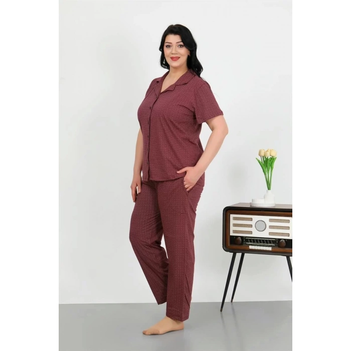 Moda Kadın Büyük Beden Pamuklu Cepli Düğmeli Mor Pijama Takım