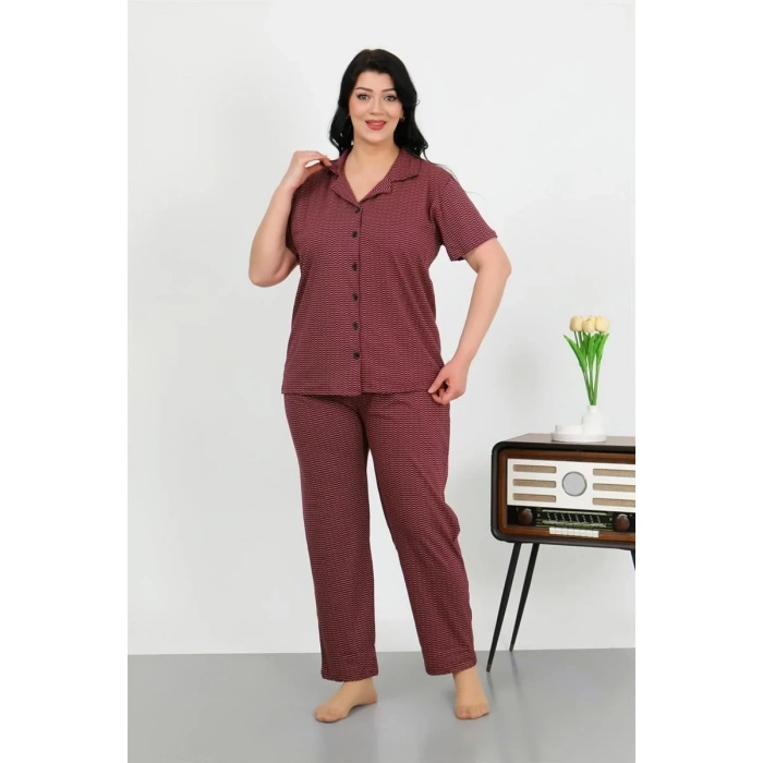 Moda Kadın Büyük Beden Pamuklu Cepli Düğmeli Mor Pijama Takım