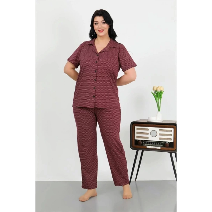 Moda Kadın Büyük Beden Pamuklu Cepli Düğmeli Mor Pijama Takım