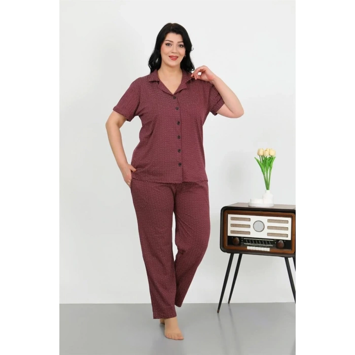 Moda Kadın Büyük Beden Pamuklu Cepli Düğmeli Mor Pijama Takım