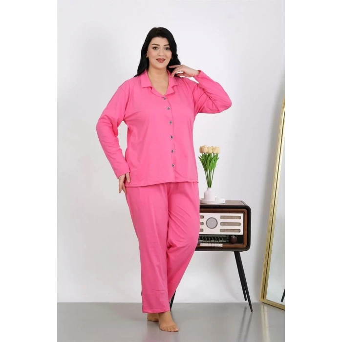 Moda Kadın Büyük Beden Pamuklu Cepli Düğmeli Pembe Pijama Takım