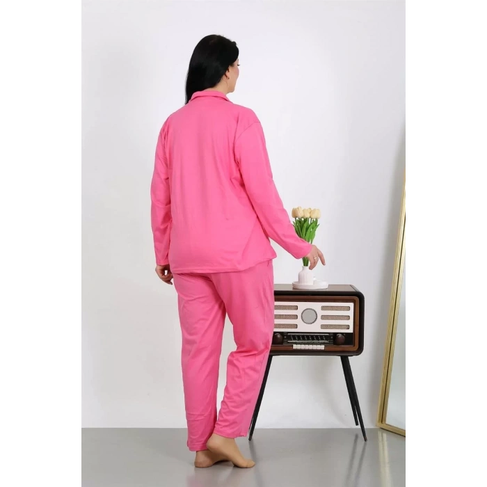 Moda Kadın Büyük Beden Pamuklu Cepli Düğmeli Pembe Pijama Takım