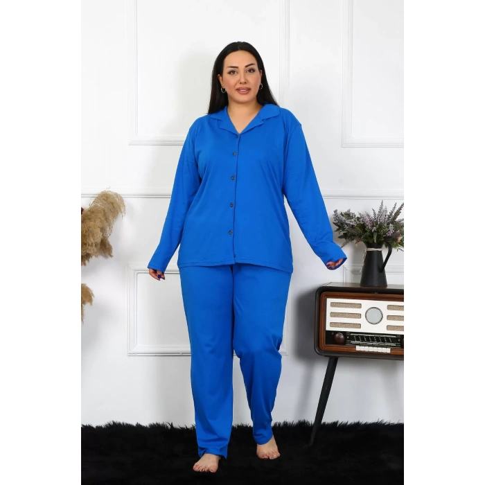 Moda Kadın Büyük Beden Pamuklu Cepli Düğmeli Saks Pijama Takım