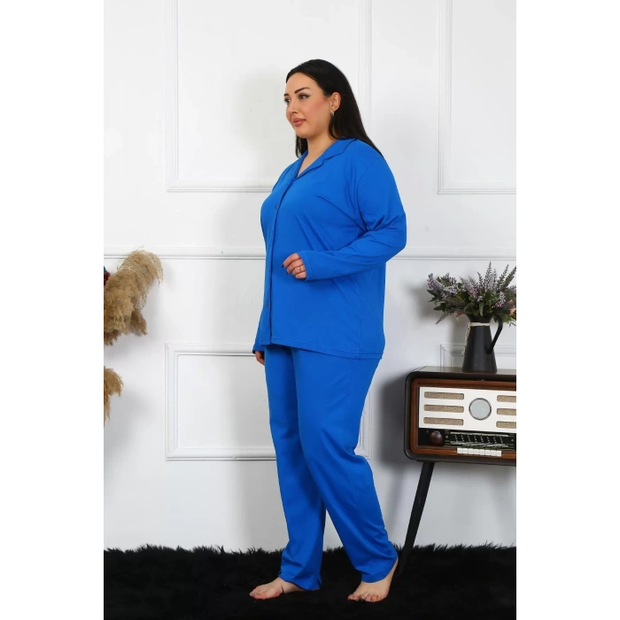 Moda Kadın Büyük Beden Pamuklu Cepli Düğmeli Saks Pijama Takım