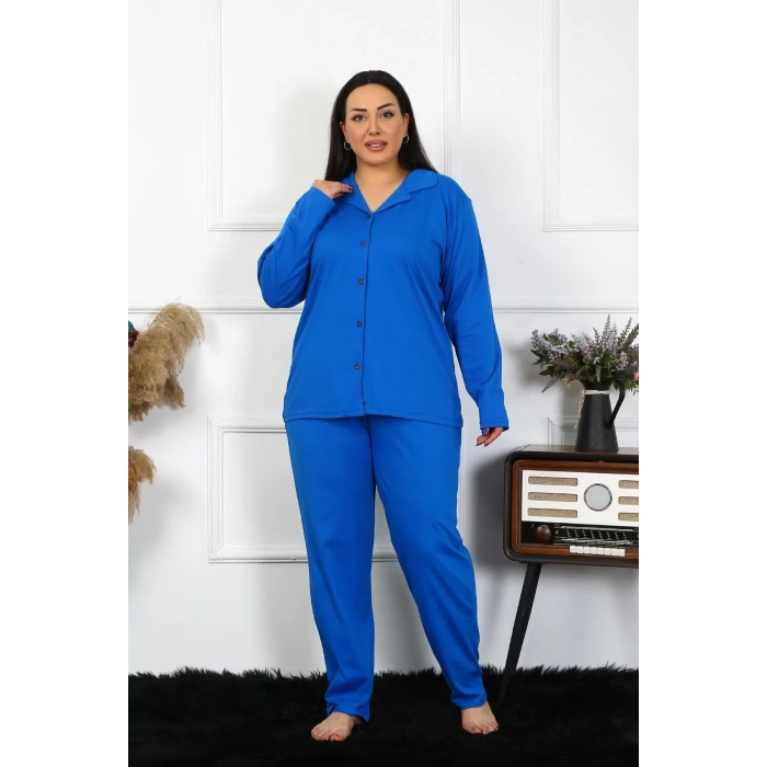 Moda Kadın Büyük Beden Pamuklu Cepli Düğmeli Saks Pijama Takım