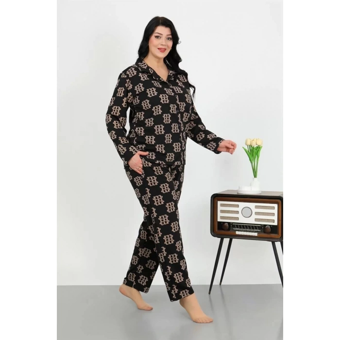 Moda Kadın Büyük Beden Pamuklu Cepli Düğmeli Siyah Pijama Takım
